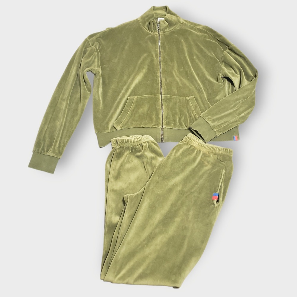 Kule Womens Velour Tracksuit Olive Green Full Zip Jacket and Joggers Set Size M